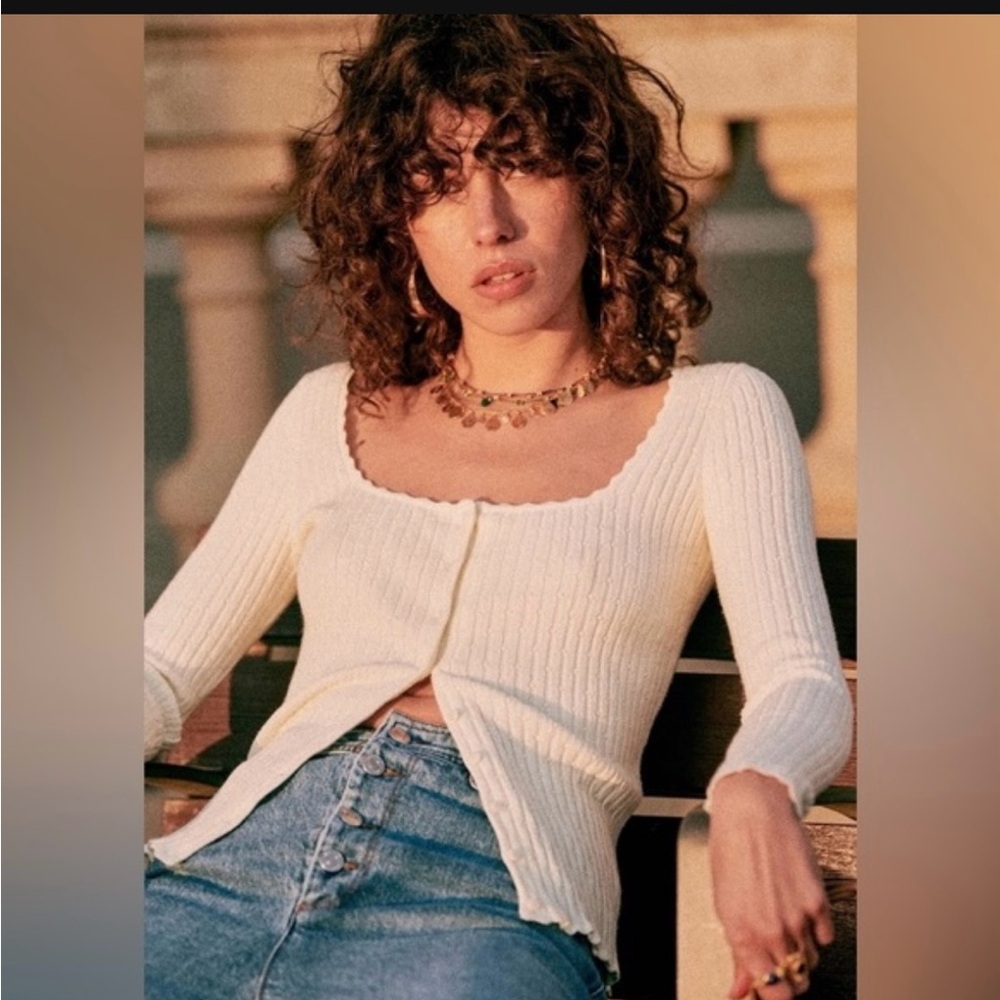 Sezane Cream Ribbed Scoop Neck Cardigan